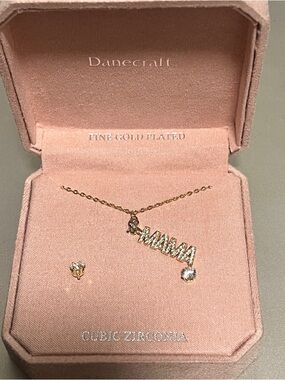 NEW Danecraft Cubic Zirconia Fine Gold Plated 'MAMA' Necklace & Studs Earrings